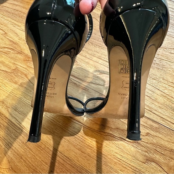 Stuart Weitzman Black Patent Leather Nudistsong Women’s Stiletto Heeled Sandals - Picture 3 of 13